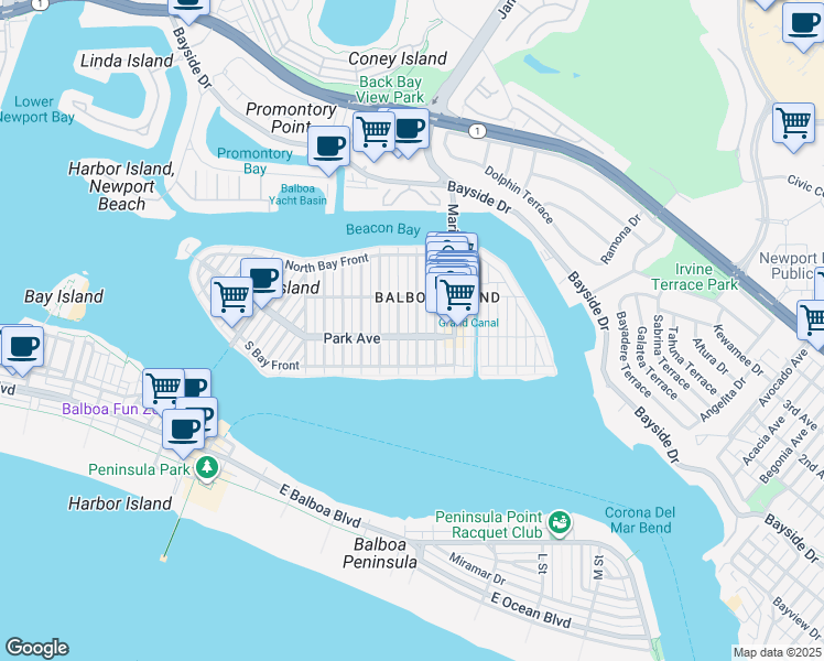 map of restaurants, bars, coffee shops, grocery stores, and more near 203 Amethyst Avenue in Newport Beach