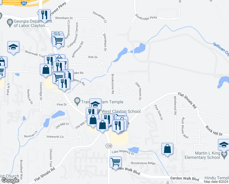 map of restaurants, bars, coffee shops, grocery stores, and more near 1219 Brookstone Road in Atlanta