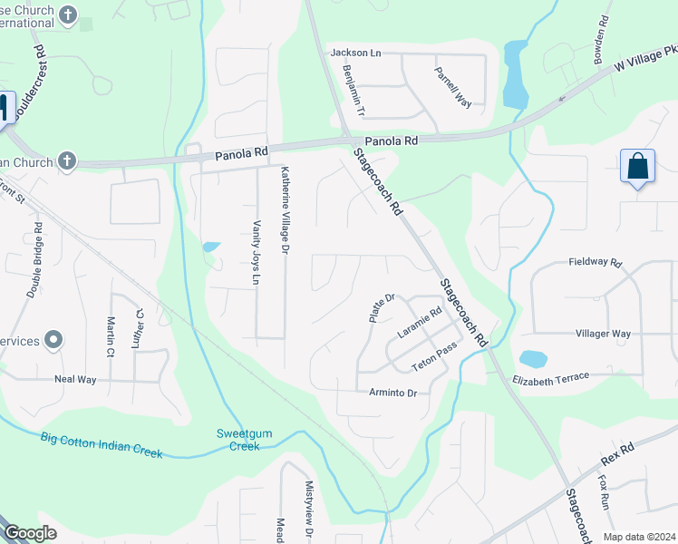 map of restaurants, bars, coffee shops, grocery stores, and more near 3492 Stagecoach Pass in Ellenwood
