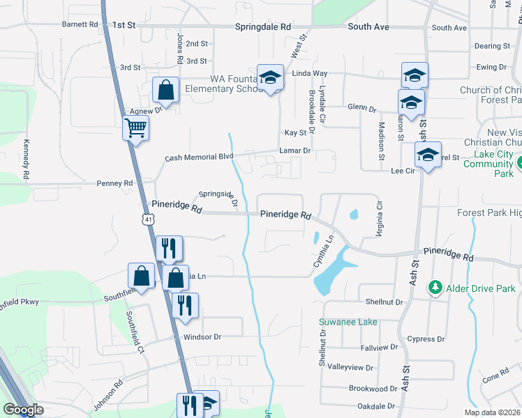 map of restaurants, bars, coffee shops, grocery stores, and more near 506 Pineridge Road in Forest Park