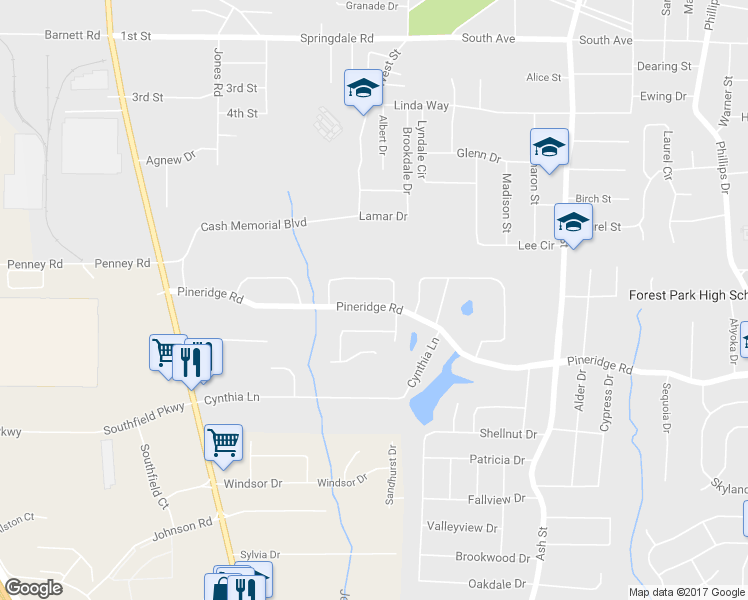 map of restaurants, bars, coffee shops, grocery stores, and more near 558 Pineridge Road in Forest Park