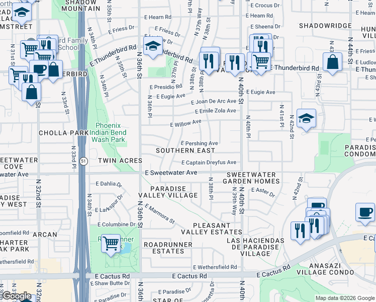 map of restaurants, bars, coffee shops, grocery stores, and more near 3750 East Surrey Avenue in Phoenix
