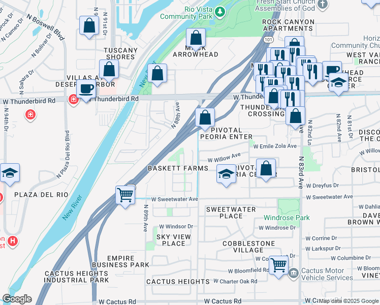 map of restaurants, bars, coffee shops, grocery stores, and more near 13551 North 87th Drive in Peoria