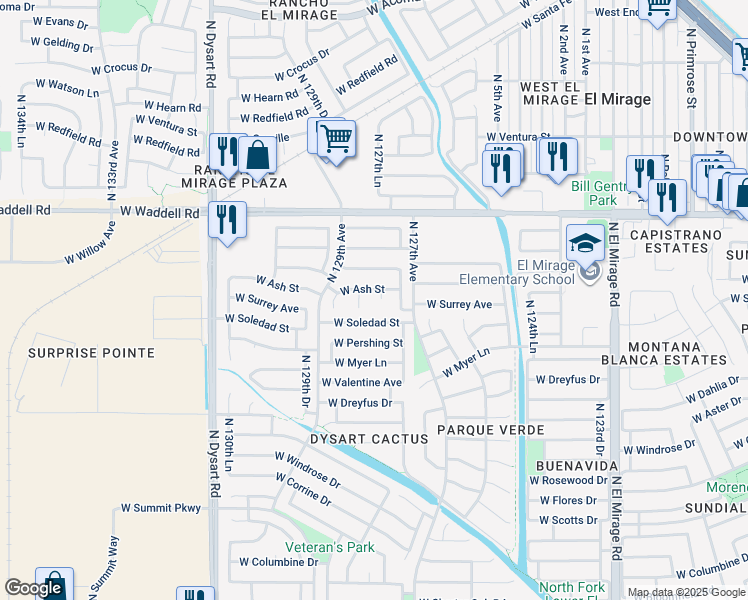 map of restaurants, bars, coffee shops, grocery stores, and more near 13402 North 127th Lane in El Mirage