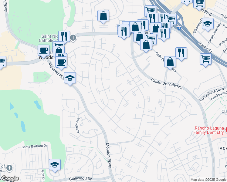map of restaurants, bars, coffee shops, grocery stores, and more near 395 Avenida Castilla in Laguna Woods
