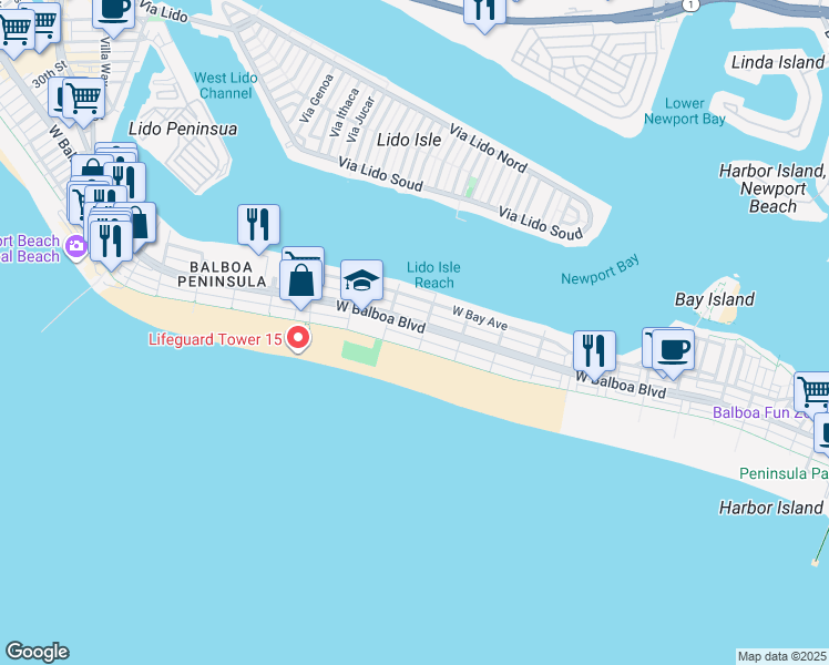 map of restaurants, bars, coffee shops, grocery stores, and more near 1209 West Balboa Boulevard in Newport Beach