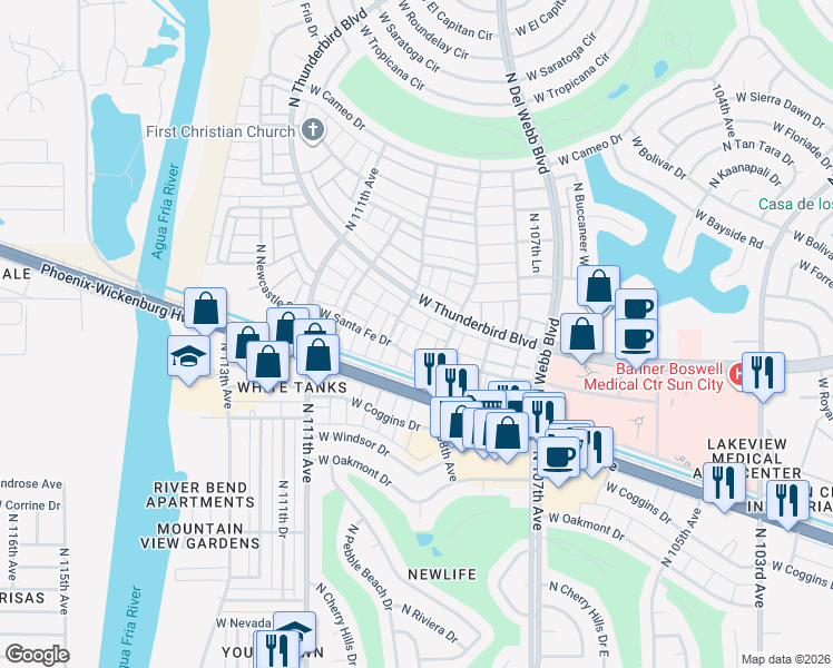 map of restaurants, bars, coffee shops, grocery stores, and more near 10882 West Santa Fe Drive in Sun City