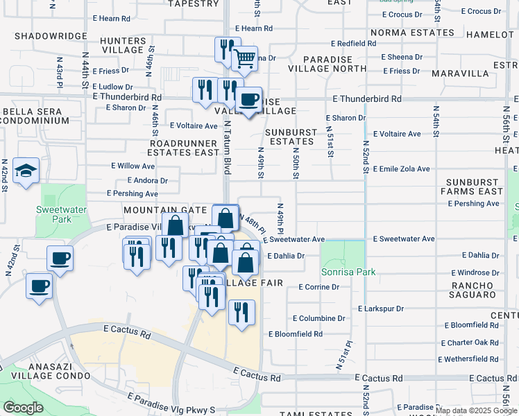 map of restaurants, bars, coffee shops, grocery stores, and more near 4832 East Surrey Avenue in Scottsdale
