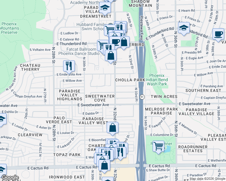 map of restaurants, bars, coffee shops, grocery stores, and more near 3124 East Roveen Avenue in Phoenix