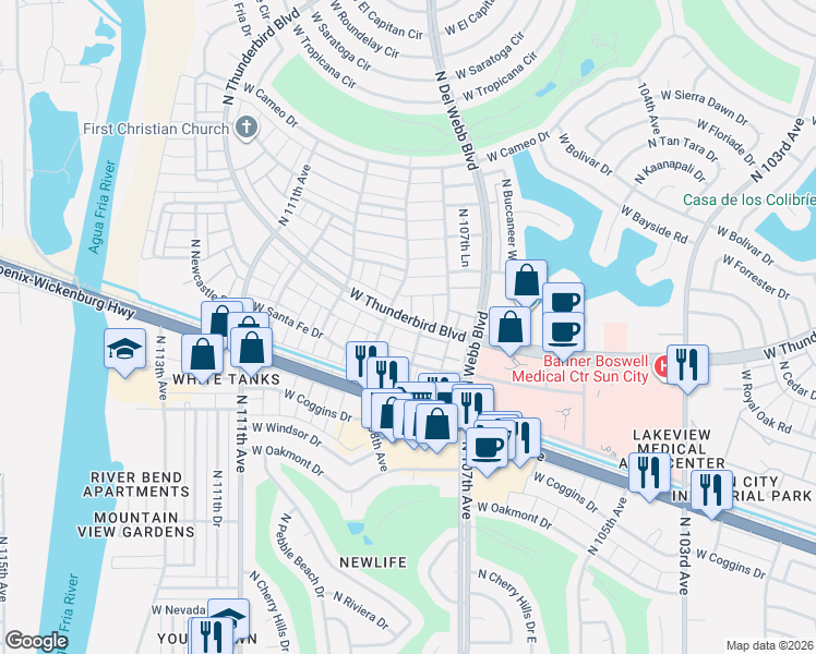map of restaurants, bars, coffee shops, grocery stores, and more near 10808 West Thunderbird Boulevard in Sun City