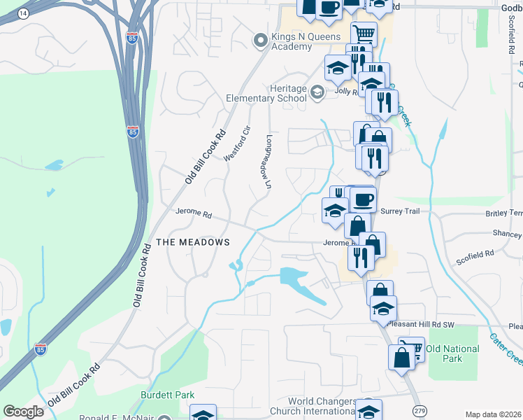 map of restaurants, bars, coffee shops, grocery stores, and more near 2735 Westford Court Southwest in College Park