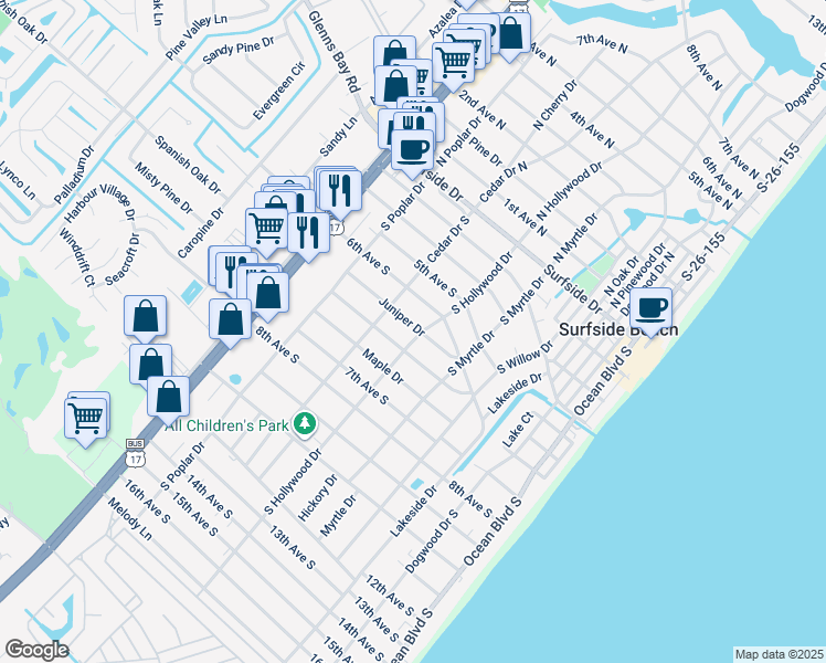 map of restaurants, bars, coffee shops, grocery stores, and more near 416 South Hollywood Drive in Surfside Beach