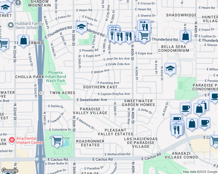 map of restaurants, bars, coffee shops, grocery stores, and more near 3808 East Surrey Avenue in Phoenix