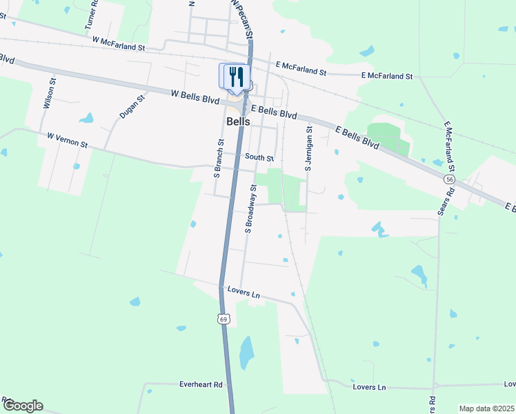 map of restaurants, bars, coffee shops, grocery stores, and more near 16 East Park Street in Bells