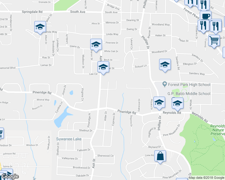 map of restaurants, bars, coffee shops, grocery stores, and more near 5456 Sycamore Cir in Forest Park