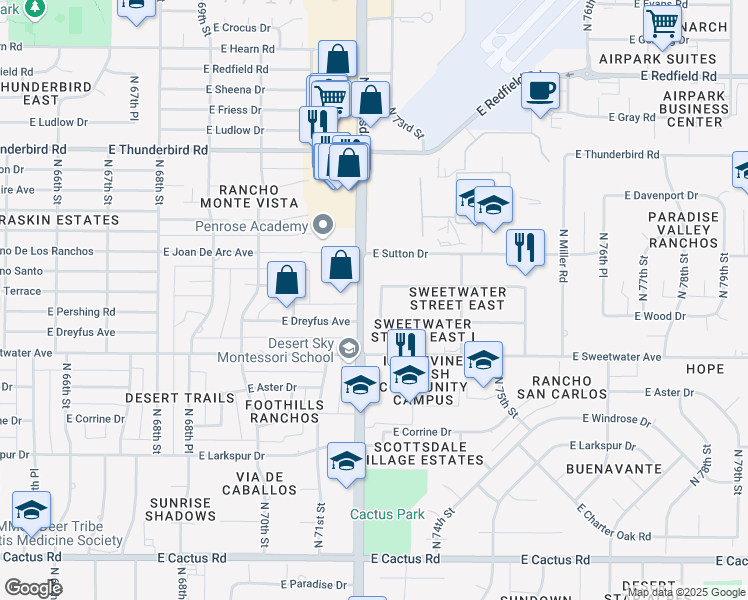 map of restaurants, bars, coffee shops, grocery stores, and more near 13210 North 72nd Place in Scottsdale