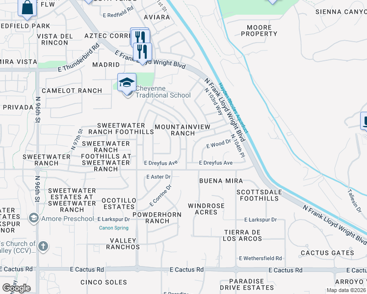 map of restaurants, bars, coffee shops, grocery stores, and more near 13193 N 101st Way in Scottsdale