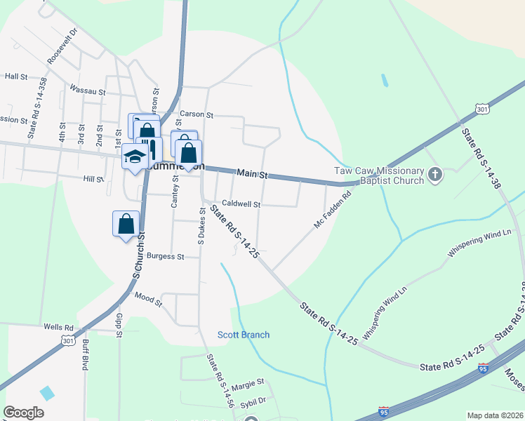 map of restaurants, bars, coffee shops, grocery stores, and more near 10 Caldwell Street in Summerton