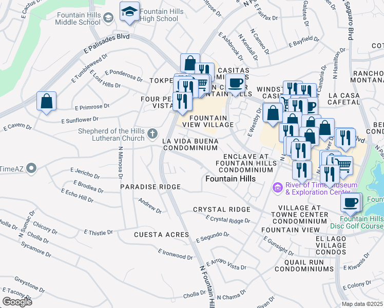 map of restaurants, bars, coffee shops, grocery stores, and more near 16285 East Rosetta Drive in Fountain Hills