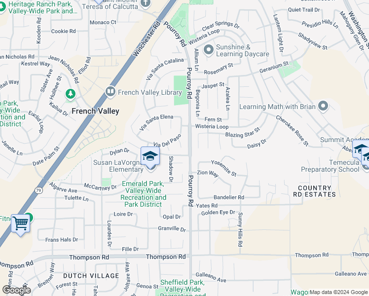 map of restaurants, bars, coffee shops, grocery stores, and more near 35476 Corte Los Robles in Winchester