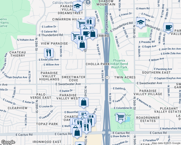 map of restaurants, bars, coffee shops, grocery stores, and more near 3216 East Roveen Avenue in Phoenix
