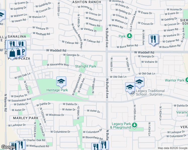 map of restaurants, bars, coffee shops, grocery stores, and more near 14789 West Alexandria Way in Surprise