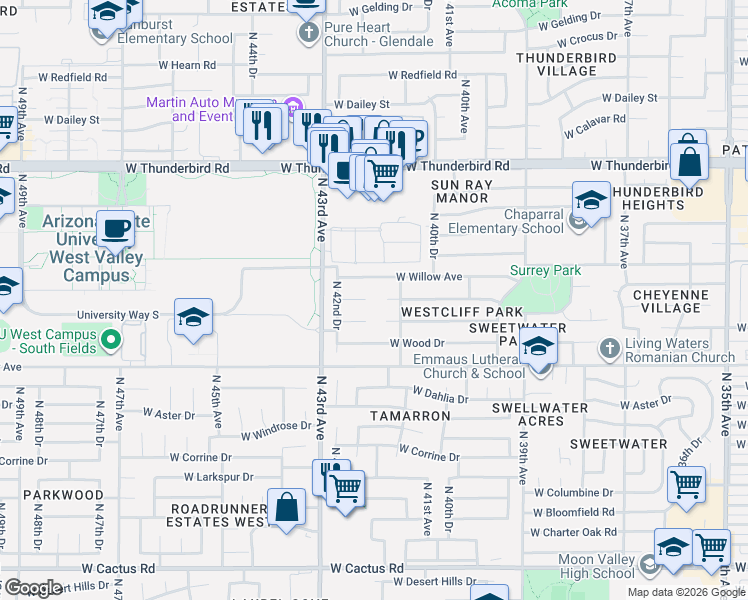 map of restaurants, bars, coffee shops, grocery stores, and more near 4134 West Pershing Avenue in Phoenix