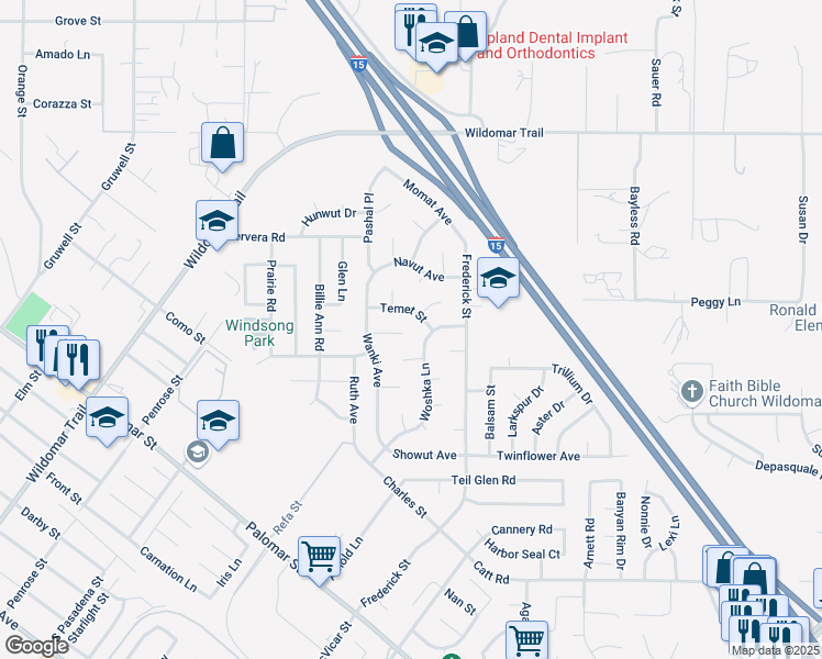 map of restaurants, bars, coffee shops, grocery stores, and more near 22836 Akipa Court in Wildomar