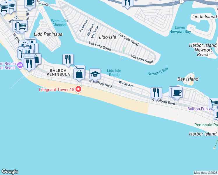 map of restaurants, bars, coffee shops, grocery stores, and more near 1209 West Balboa Boulevard in Newport Beach