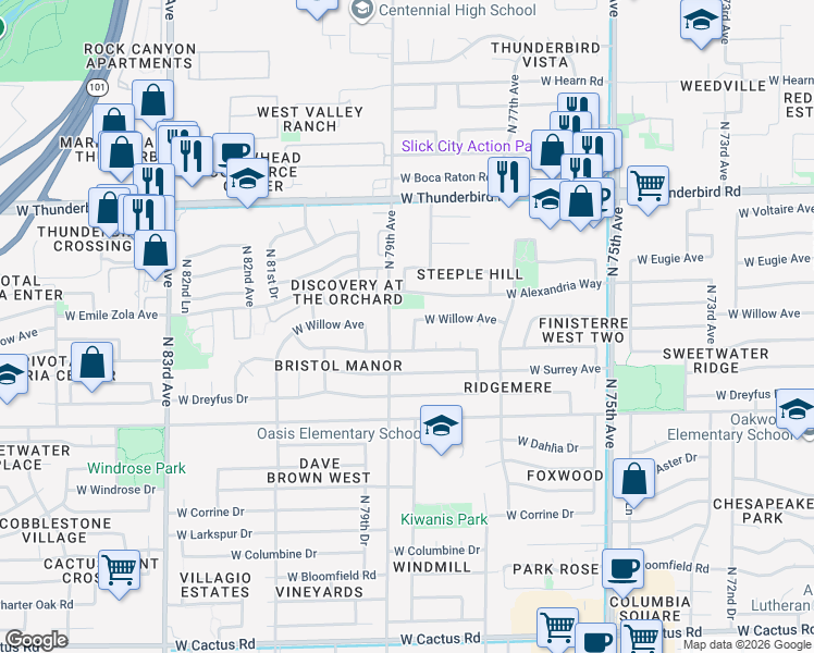map of restaurants, bars, coffee shops, grocery stores, and more near 13281 North 79th Avenue in Peoria