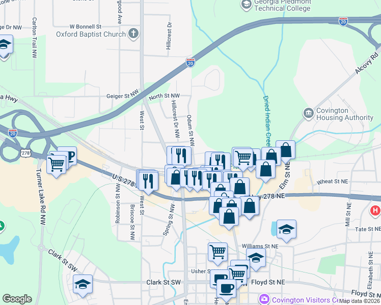 map of restaurants, bars, coffee shops, grocery stores, and more near 4133 Odum Street Northwest in Covington