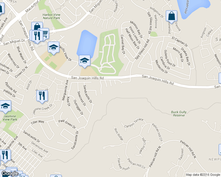 map of restaurants, bars, coffee shops, grocery stores, and more near 1607 Castle Cove Circle in Newport Beach