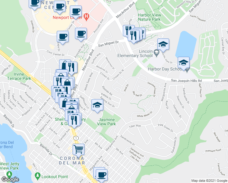 map of restaurants, bars, coffee shops, grocery stores, and more near 11 Beachcomber Drive in Newport Beach