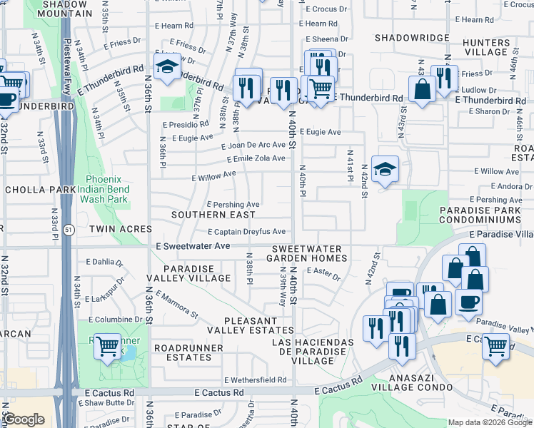 map of restaurants, bars, coffee shops, grocery stores, and more near 3902 East Surrey Avenue in Phoenix