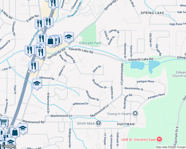map of restaurants, bars, coffee shops, grocery stores, and more near 1000 Dawn Drive in Birmingham