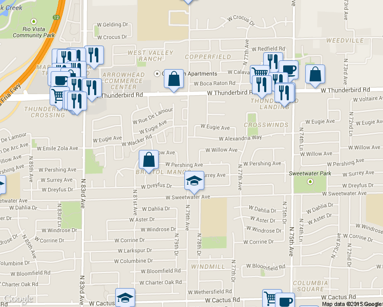 map of restaurants, bars, coffee shops, grocery stores, and more near 13281 North 79th Avenue in Peoria