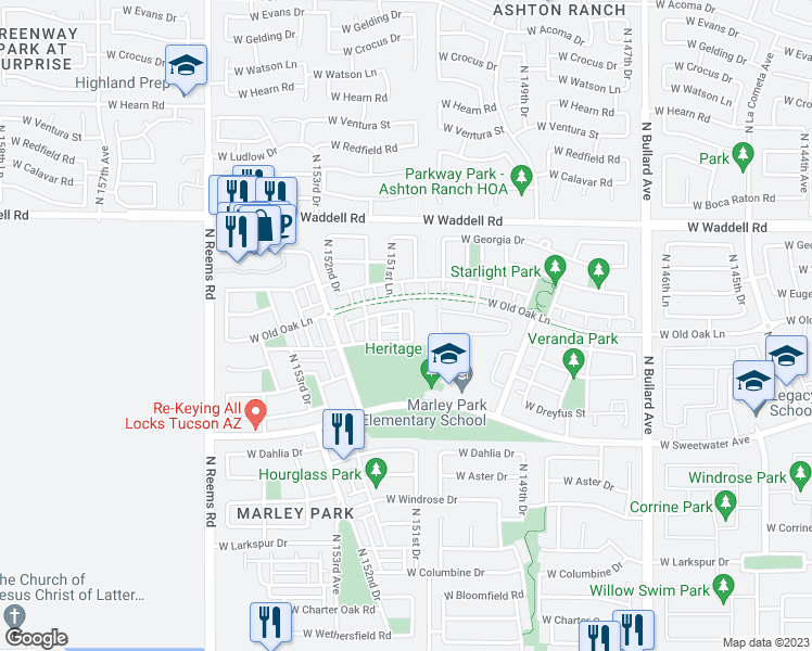 map of restaurants, bars, coffee shops, grocery stores, and more near 13380 North 151st Drive in Surprise