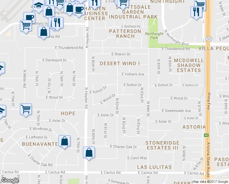 map of restaurants, bars, coffee shops, grocery stores, and more near 8126 East Wood Drive in Scottsdale