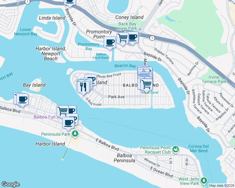 map of restaurants, bars, coffee shops, grocery stores, and more near 205 Sapphire Avenue in Newport Beach