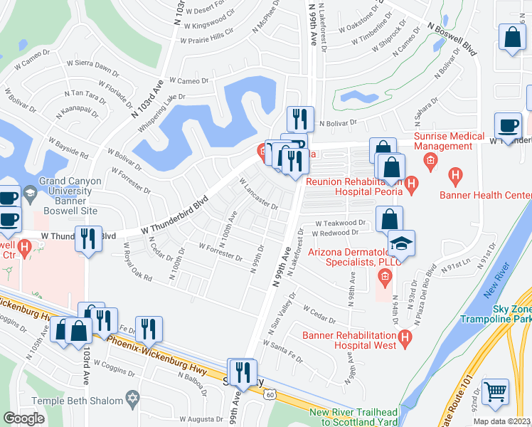 map of restaurants, bars, coffee shops, grocery stores, and more near 13228 North 99th Drive in Sun City