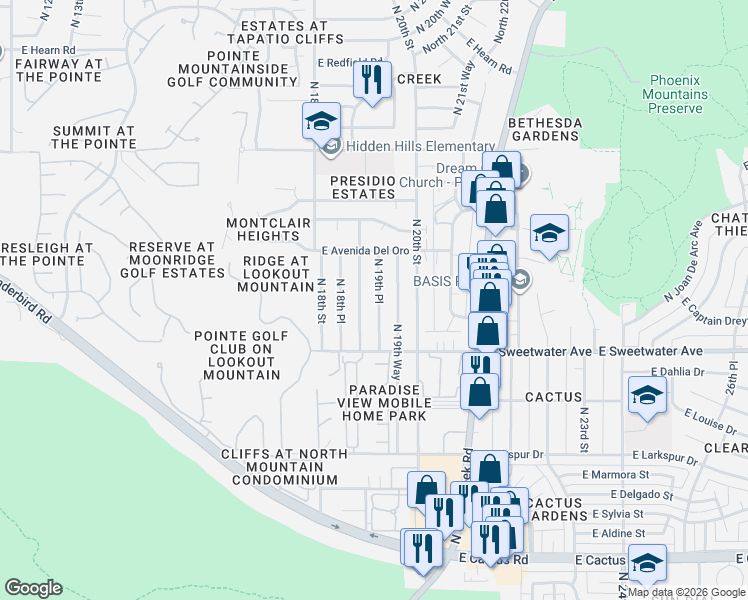 map of restaurants, bars, coffee shops, grocery stores, and more near 13202 North 19th Place in Phoenix