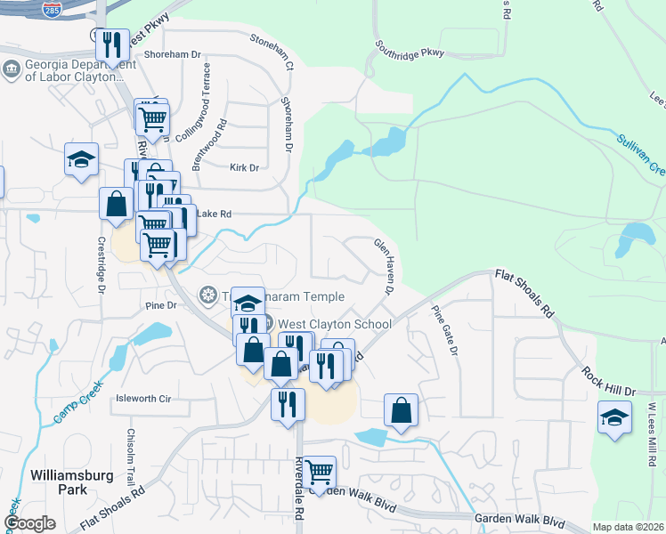 map of restaurants, bars, coffee shops, grocery stores, and more near 5446 Waterfall Court in Atlanta