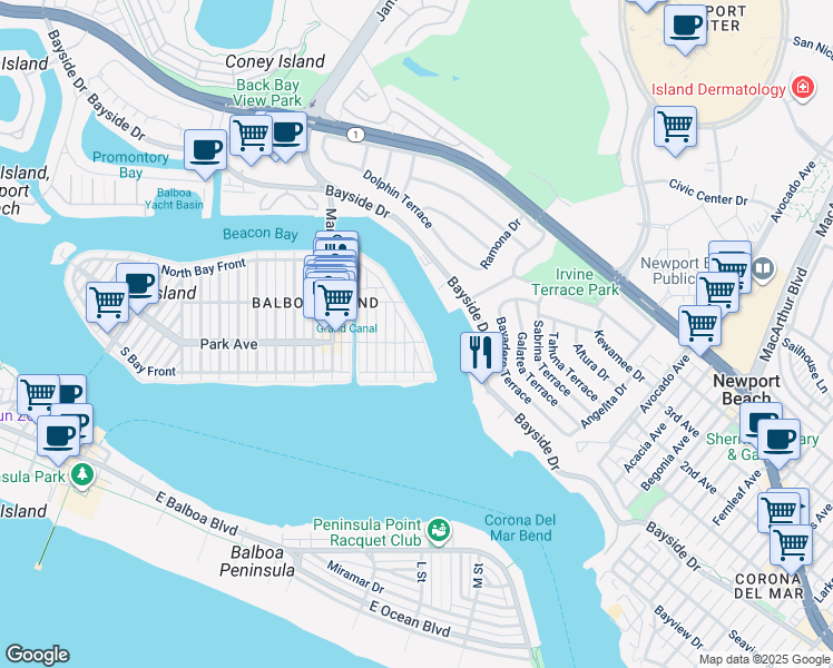 map of restaurants, bars, coffee shops, grocery stores, and more near 209 East Bay Front in Newport Beach