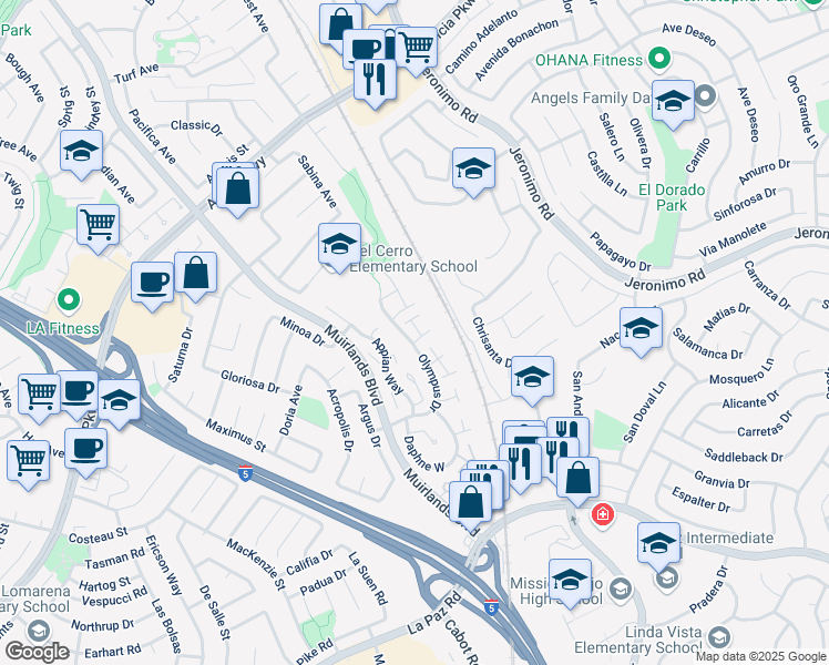 map of restaurants, bars, coffee shops, grocery stores, and more near 24525 Veronica Court in Mission Viejo