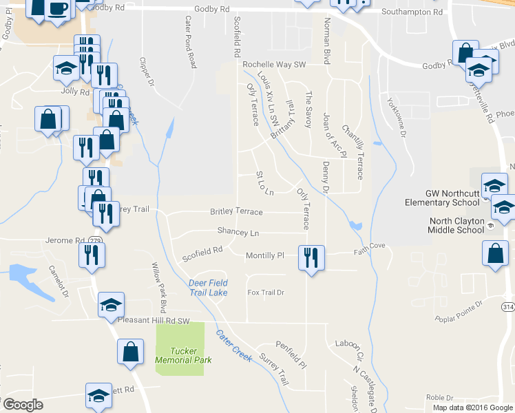 map of restaurants, bars, coffee shops, grocery stores, and more near 2195 Britley Terrace Southwest in College Park