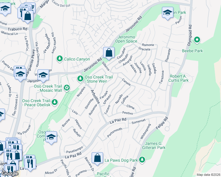 map of restaurants, bars, coffee shops, grocery stores, and more near 27951 Encanto in Mission Viejo