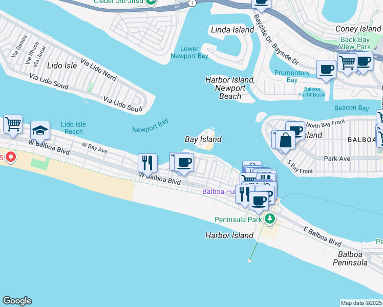 map of restaurants, bars, coffee shops, grocery stores, and more near 501 Buena Vista Boulevard in Newport Beach