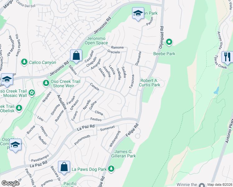 map of restaurants, bars, coffee shops, grocery stores, and more near 24722 Sauco in Mission Viejo