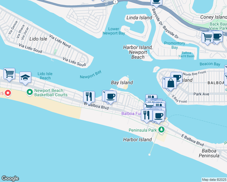 map of restaurants, bars, coffee shops, grocery stores, and more near 5031/2 Edgewater Place in Newport Beach
