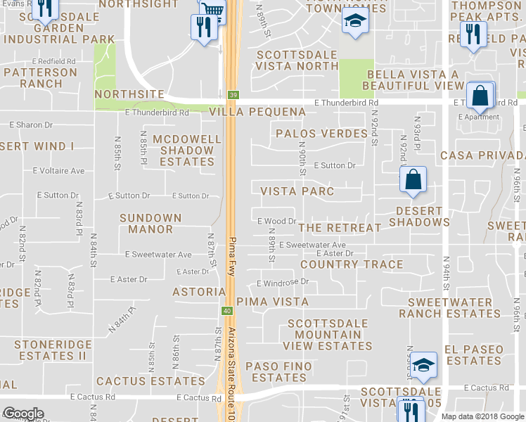 map of restaurants, bars, coffee shops, grocery stores, and more near 8887 East Surrey Avenue in Scottsdale